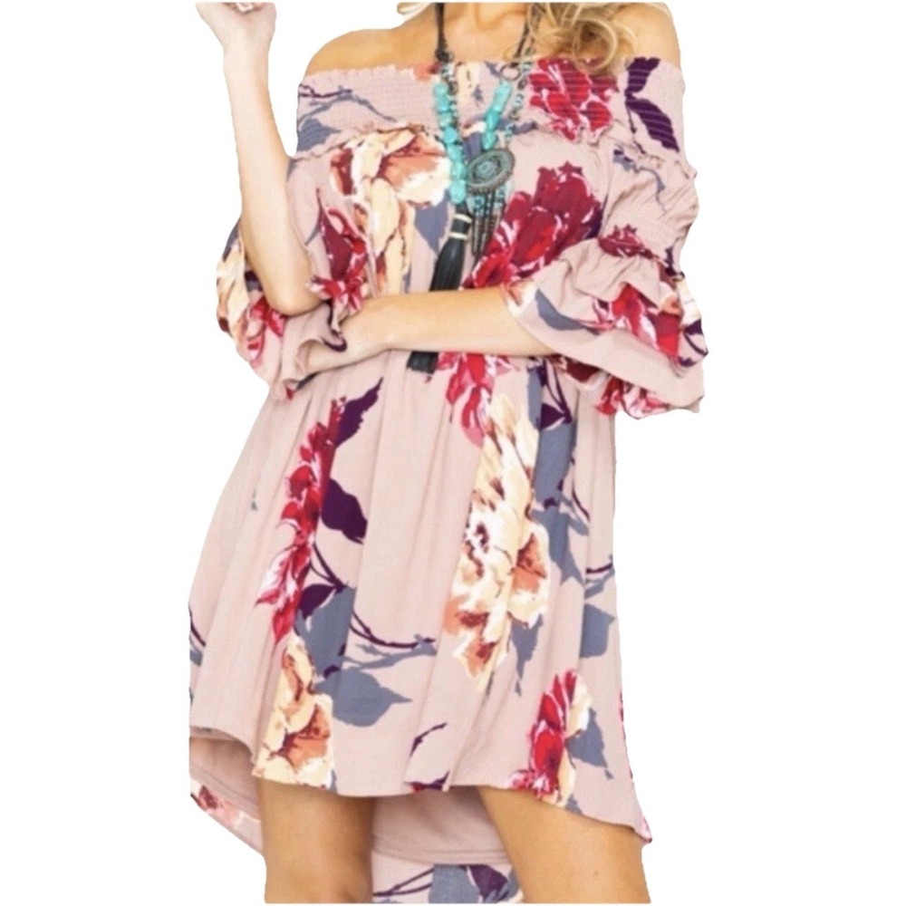 New Shyanne Western Floral Off‑Shoulder Dress Smocked Ruffle Hem Size XS